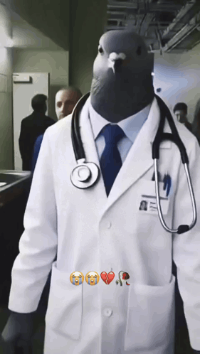 Man in Doctor Costume With Pigeon on Head
