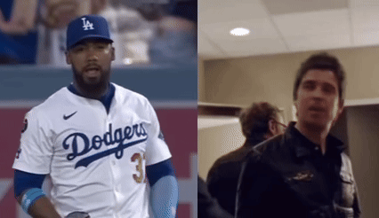 Man in Dodgers Jersey Next to Man in Black Jacket