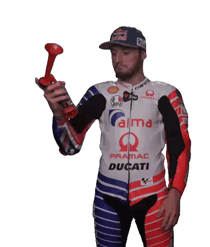 Man in Ducati Jacket Holding Red Horn
