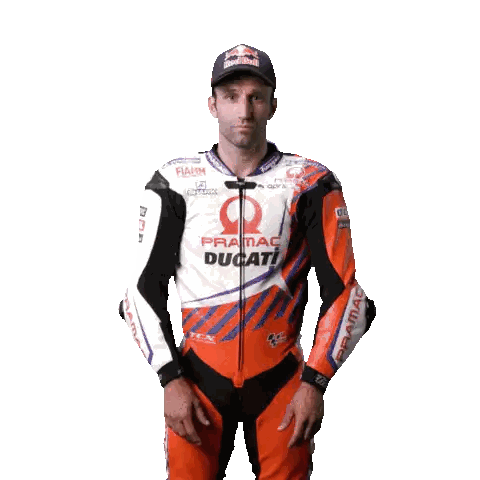 Man in Ducati Motorcycle Suit Pointing Up