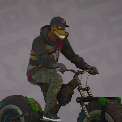 Man in Duck Mask Riding Green Bike