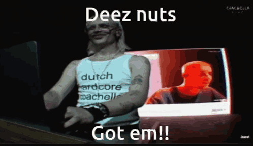 Man In Dutch Hardcore Shirt Says Deez Nuts Got Em GIF