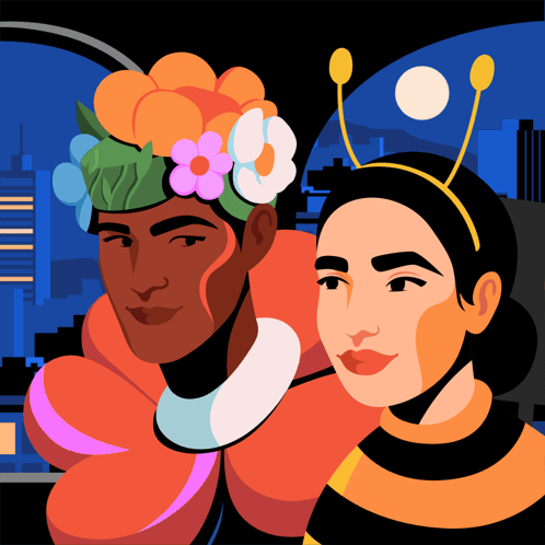 Man in Flowers and Woman in Bee Costume