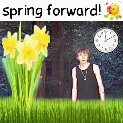 Man In Flowers With Clock Saying Spring Forward