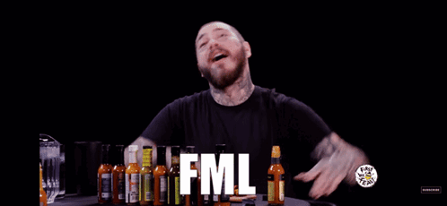 Man In Front Of Hot Sauce Bottles FML GIF