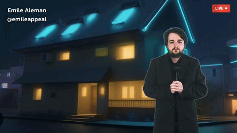 Man in Front of House with Fake News Banner