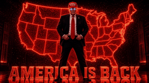 Man in Front of Map Saying America Is Back