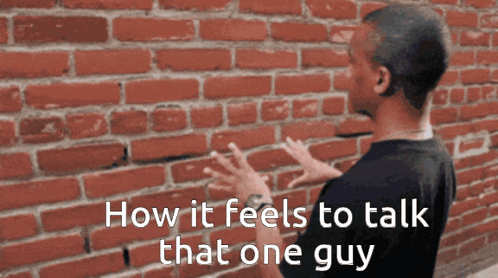 Man in Front of Red Brick Wall Saying How It Feels to Talk That One Guy
