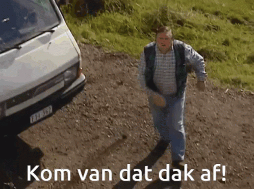 Man In Front Of White Van Saying Kom Van Dat Dak Af GIF