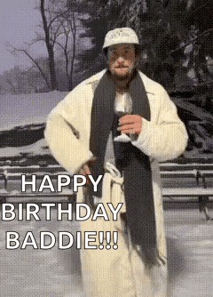 Man in Fur Coat and Scarf Holding Wine Saying Happy Birthday Baddie