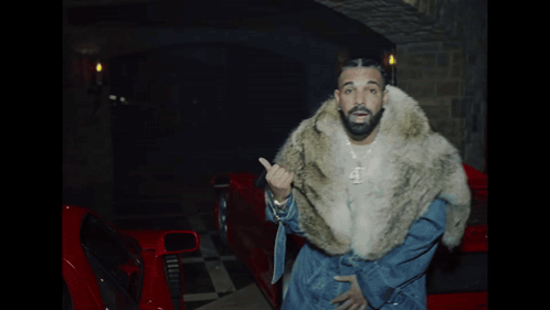 Man in Fur Coat in Front of Red Car