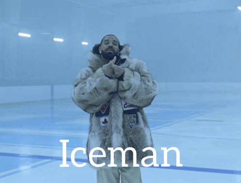 Man in Fur Coat on Ice Rink Saying Iceman
