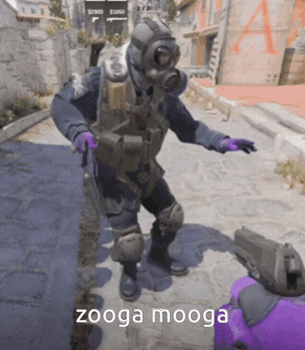 Man in Gas Mask and Purple Gloves Holding Gun Zooga Mooga