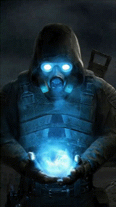 Man in Gas Mask Holding Glowing Object