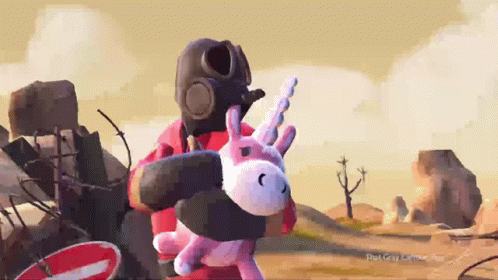 Man in Gas Mask Holding Stuffed Unicorn