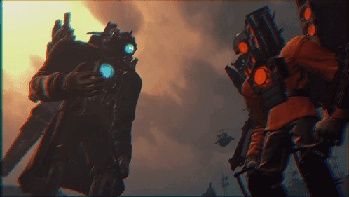 Man In Gas Mask Next To Man In Red Shirt GIF