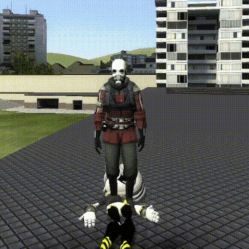 Man In Gas Mask On Brick Sidewalk GIF