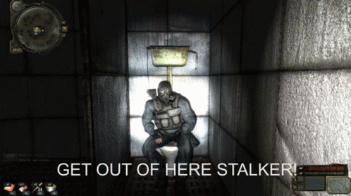 Man in Gas Mask Sitting on Toilet Get Out of Here Stalker