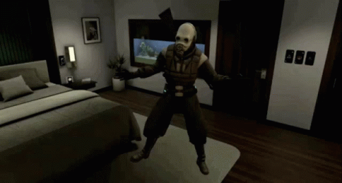 Man In Gas Mask Standing In Bedroom GIF