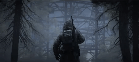 Man in Gas Mask Walking Forest Gun