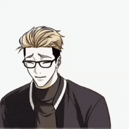 Man In Glasses And Black Jacket Smiling Looking Down GIF
