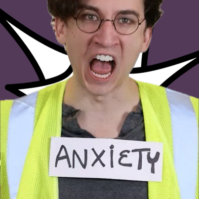 Man In Glasses And Yellow Vest With Anxiety Sign GIF