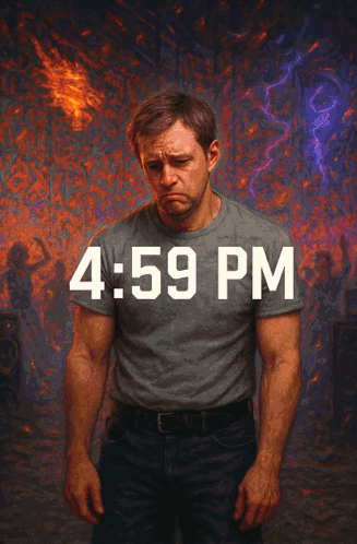 Man in Gray Shirt in Front of Painting Saying 4:59 PM
