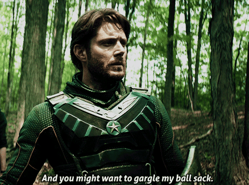 Man in Green Armor Saying Gargle My Ball Sack