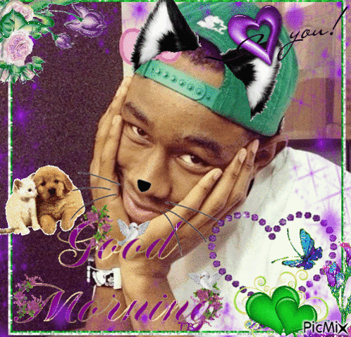 Man in Green Cat Ears Hat Saying Good Morning