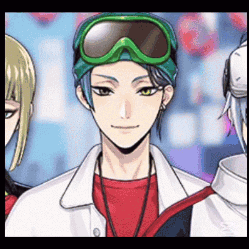 Man in Green Goggles and Red Shirt With Two Men