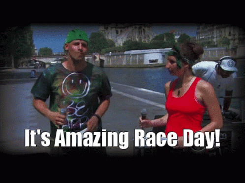 Man in Green Hat Talking to Woman in Red Tank
