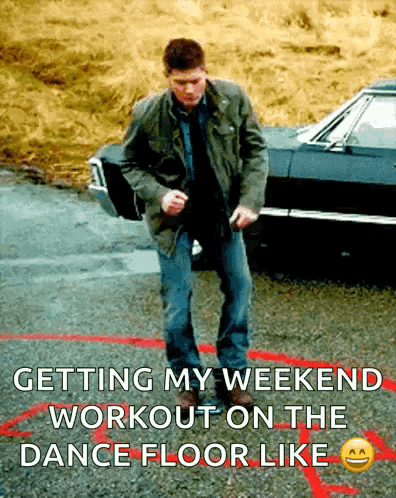 Man in Green Jacket Dancing by Black Car: Getting My Weekend Workout on the Dance Floor Like