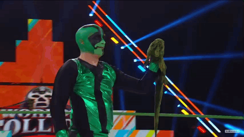 Man in Green Mask Holding Parrot