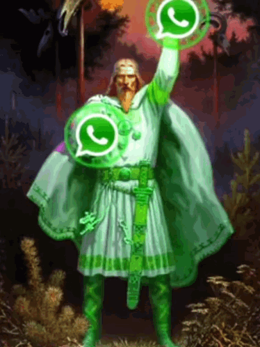 Man in Green Robe Holding Two WhatsApp Icons