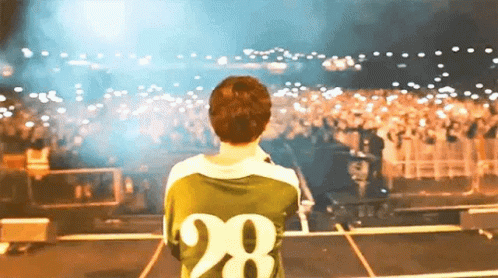 Man in Green Shirt 28 on Stage Watching Crowd