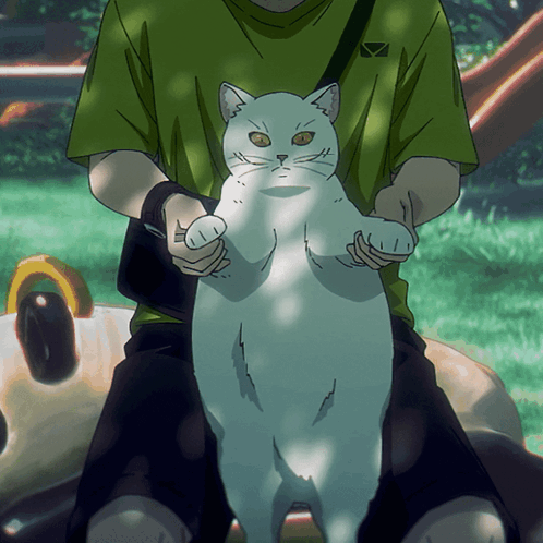 Man in Green Shirt Holding White Cat