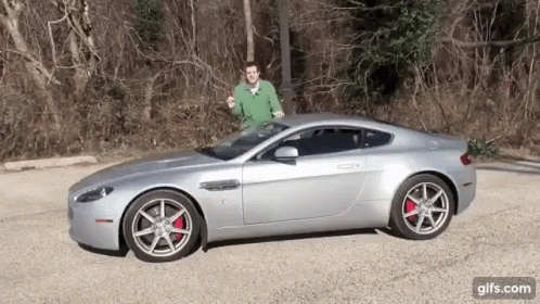 Man In Green Shirt Next To Silver Sports Car GIF