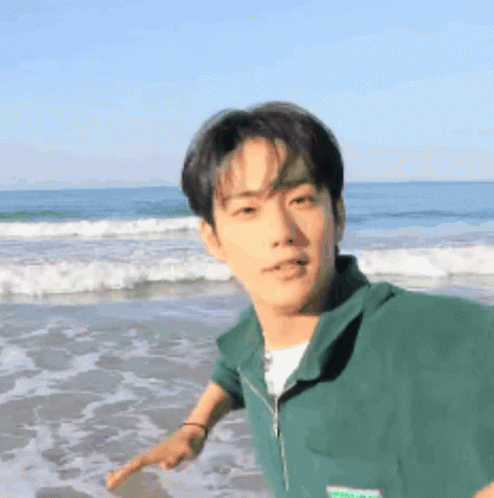 Man In Green Shirt Standing On Beach GIF