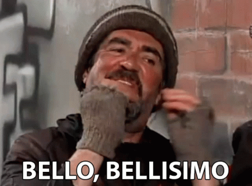 Man in Hat and Gloves Funny Face Saying Bello Bellissimo