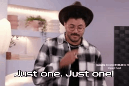 Man in Hat and Plaid Shirt Saying Just One