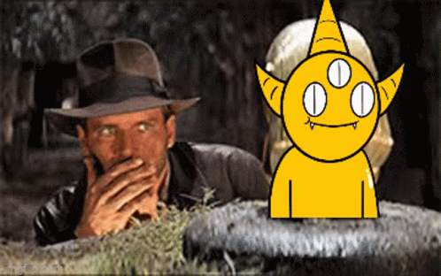 Man in Hat Covering Mouth Next to Yellow Three-Eyed Monster