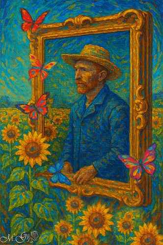 Man in Hat Surrounded by Sunflowers and Butterflies