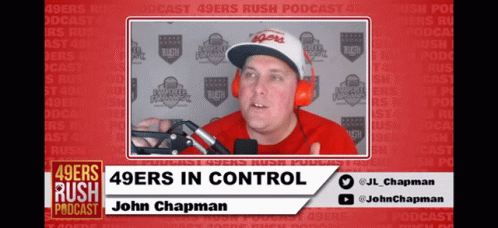 Man in Headphones and 49ers Hat on Podcast