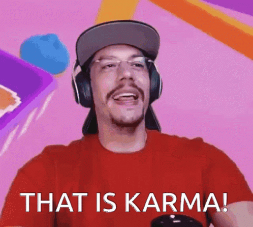 Man In Headphones And Red Shirt Says That Is Karma GIF