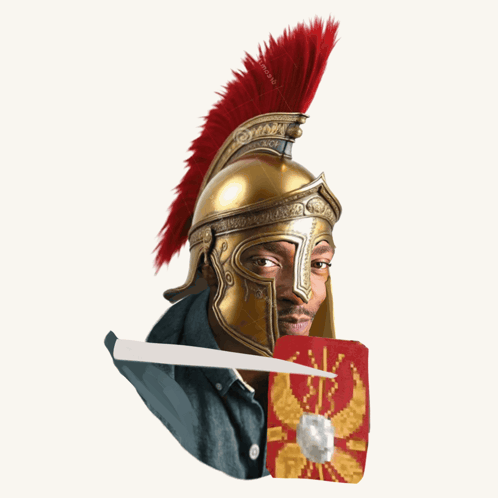 Man in Helmet With Red Crest and Red Shield