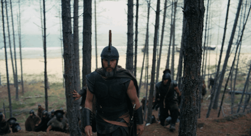 Man In Helmet With Spear Walking Through Forest GIF