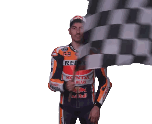 Man in Honda One Heart Jacket Holding Checkered Flag