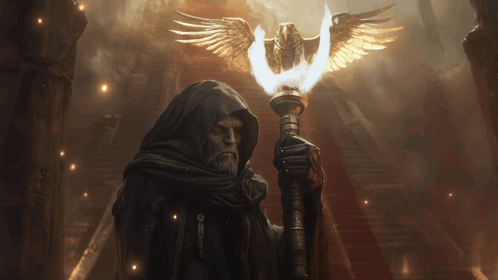 Man in Hood Holding Torch in Front of Eagle With Wings