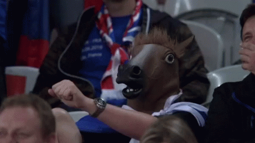 Man in Horse Mask Sitting in Stadium
