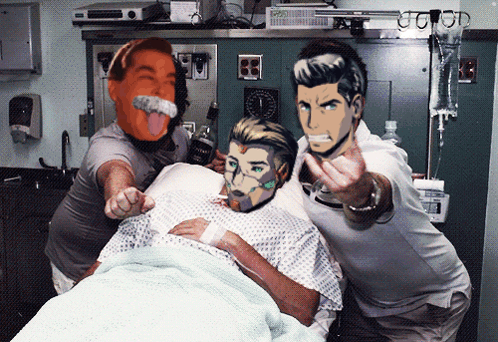 Man In Hospital Bed Surrounded By Two Men GIF